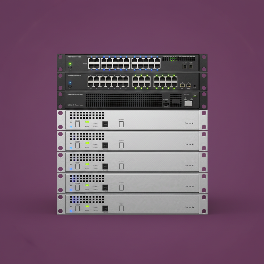 Server Stack with Network Switches on Purple Background