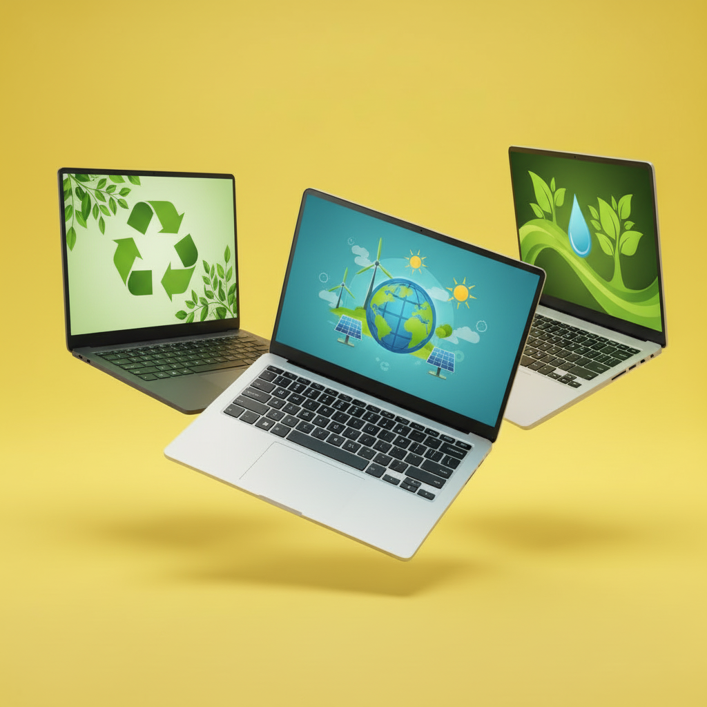 Three Laptops with Recycling Graphics on Yellow Background